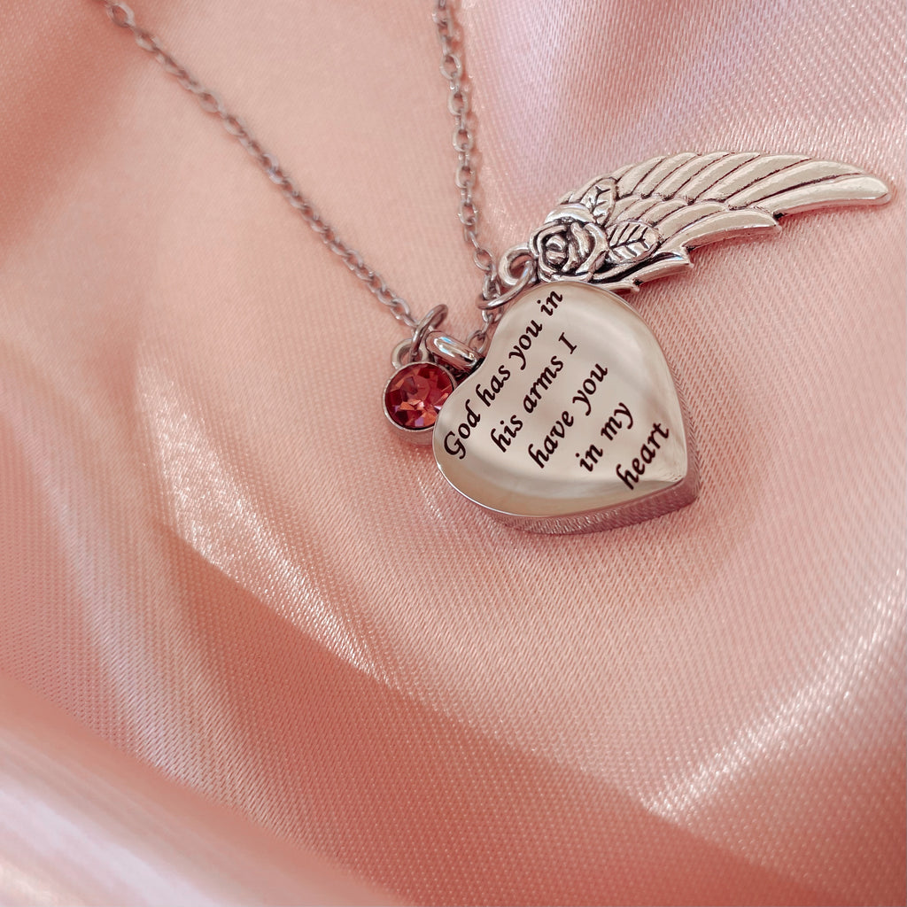 Memorial Heart Urn Necklace “God has you in his arms I have you in my heart”